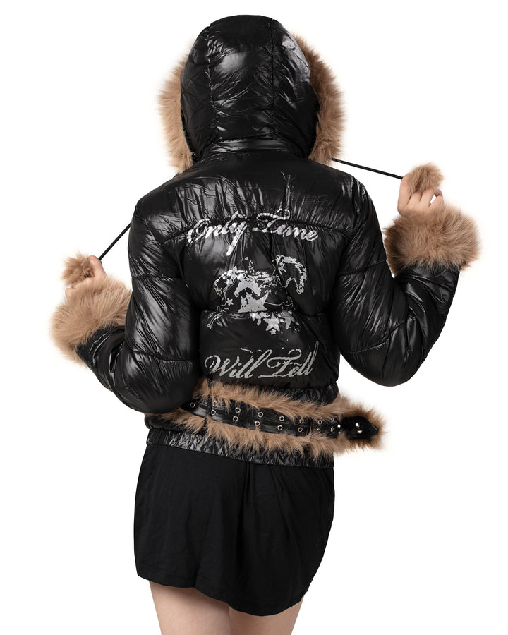 Indira | Women’s slim-fit shiny puffer jacket with detachable faux fur parts