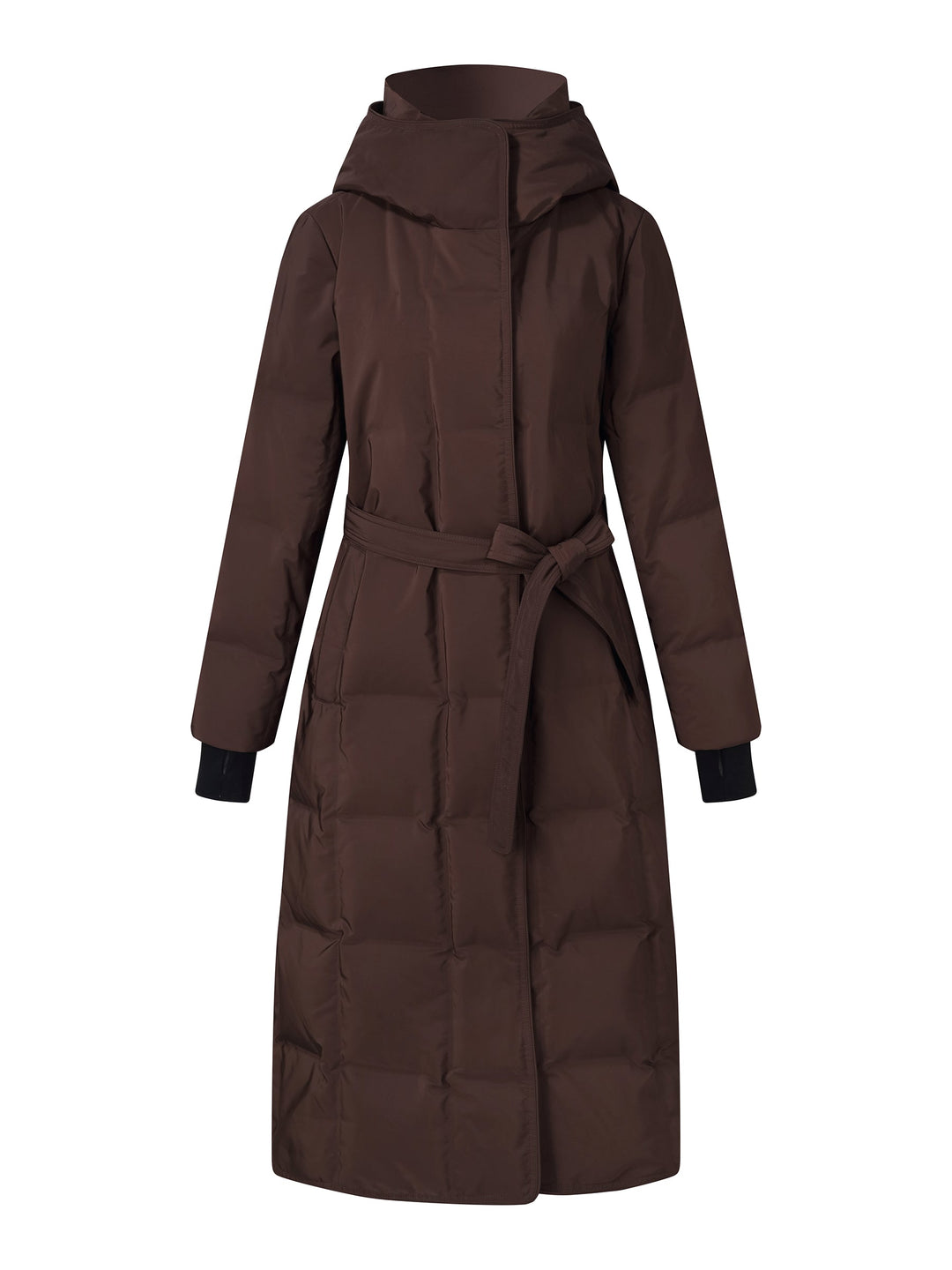 Maci | Women’s long hooded quilted coat with adjustable waist belt