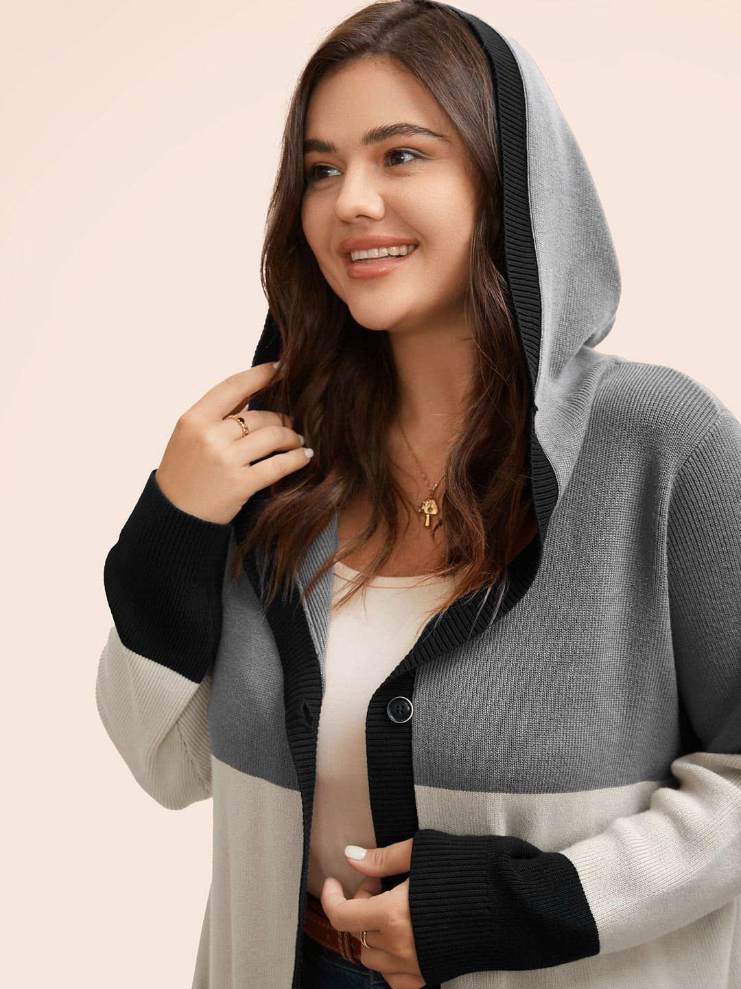 Gemma | Women’s color block hooded knit cardigan with patch pockets