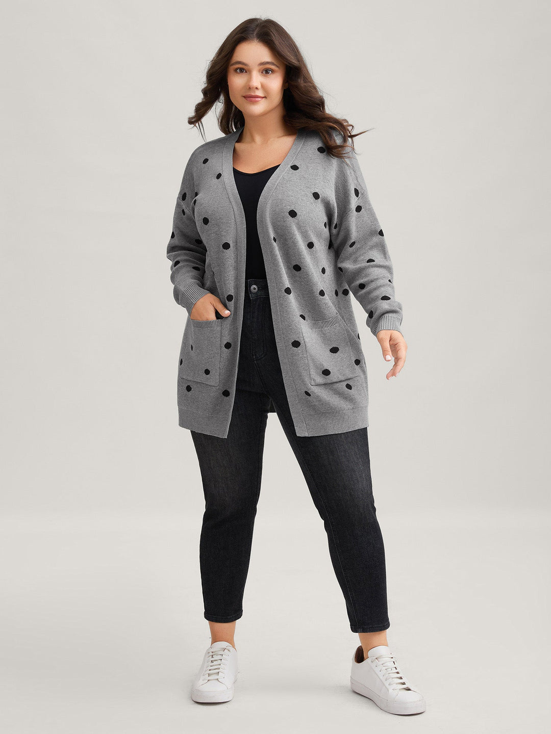 Reese | Women’s polka dot knit cardigan with patch pockets