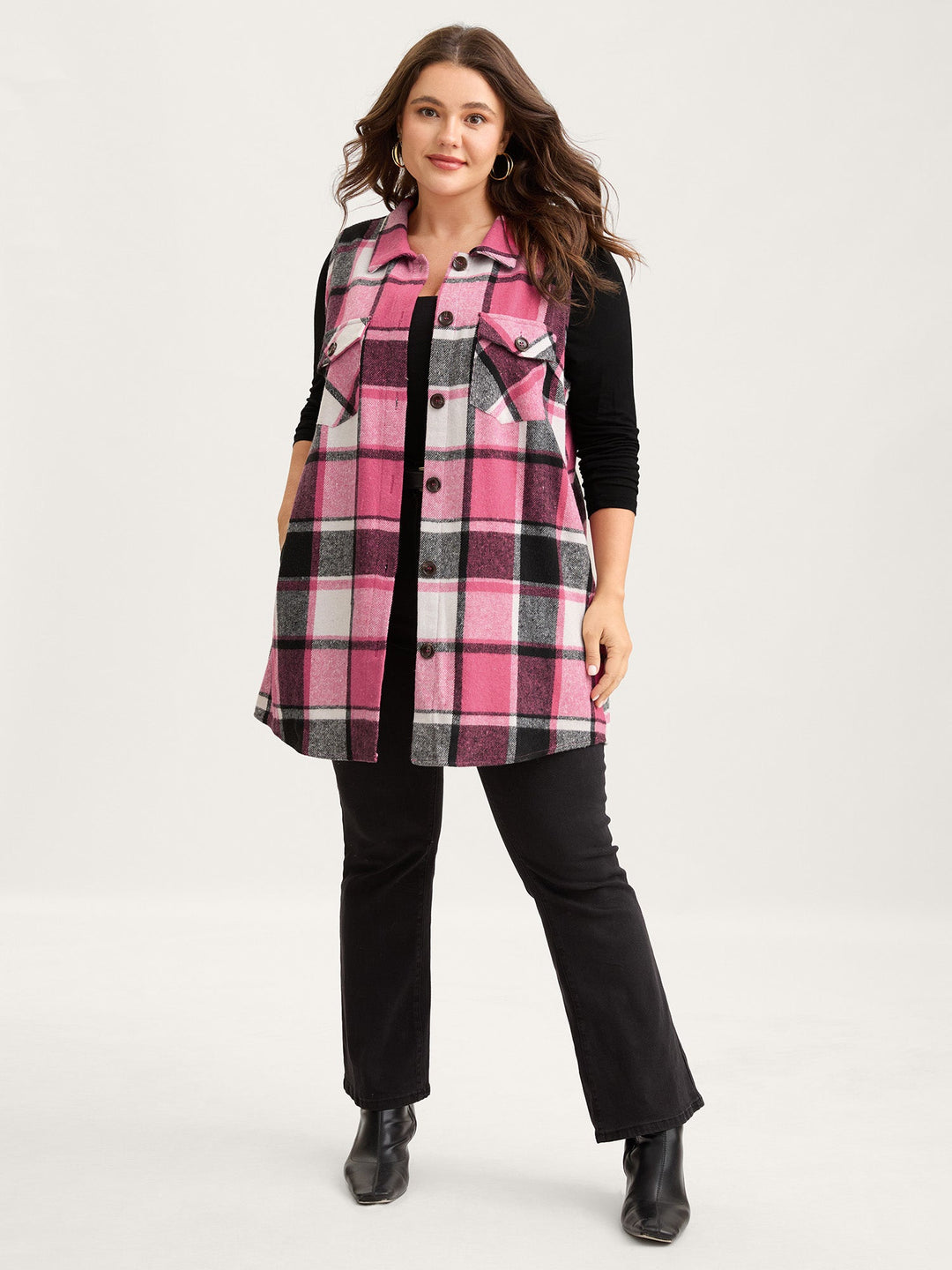 Kaitlyn | Women’s plaid flap detail sleeveless vest with button closure