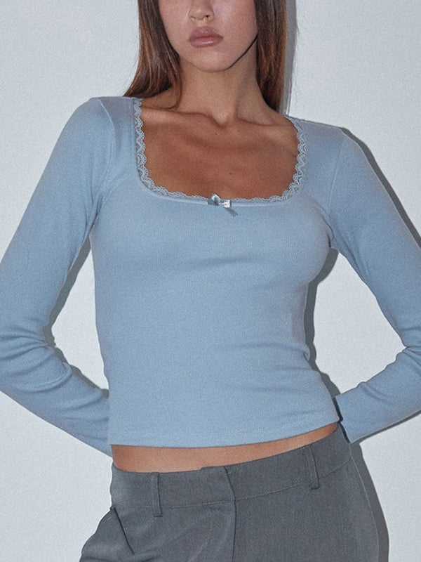 Isla | Ribbed long sleeve top with lace trim and bow detail