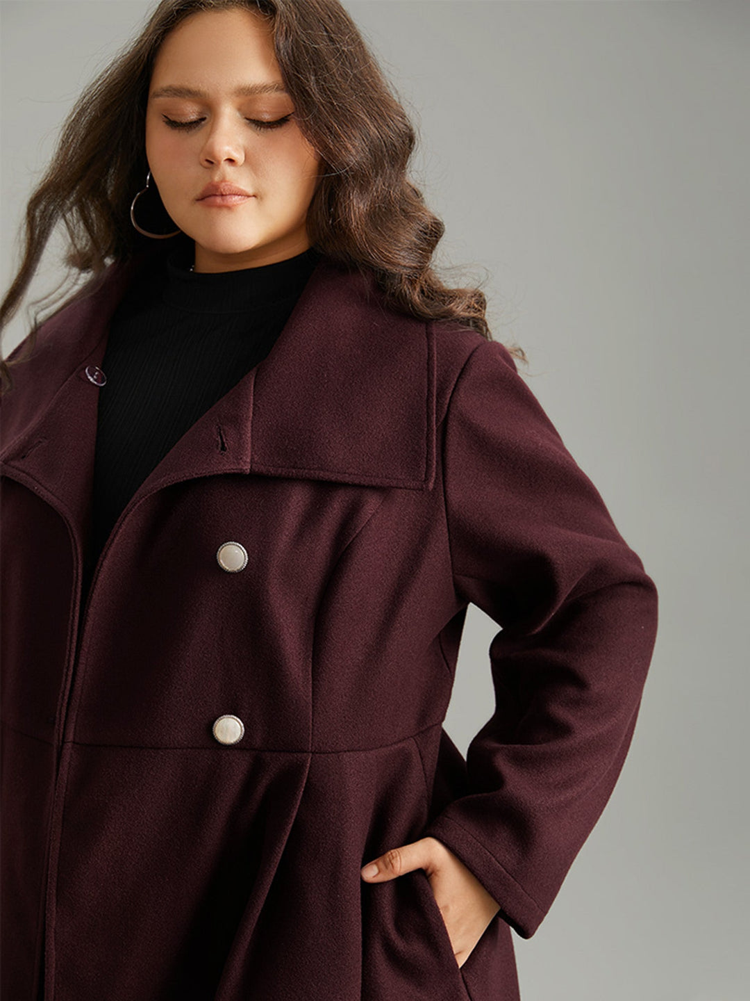 Stallia | Women’s plain button-up pocket asymmetrical lapel collar coat