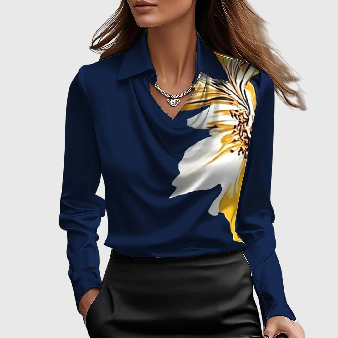 Sylvie | Blouse with pleated neckline and subtle sheen