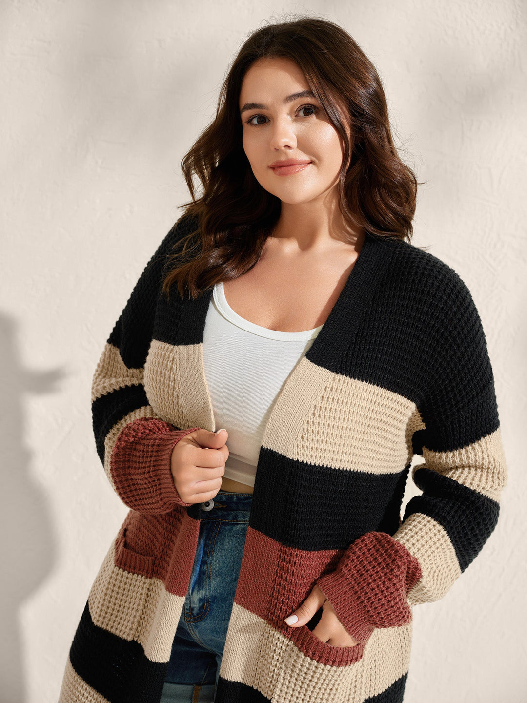 Olive | Women’s striped open-front knit cardigan