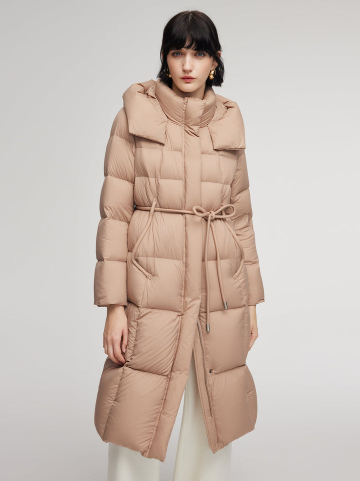 Alani | Women’s hooded long down coat with tie-string belt