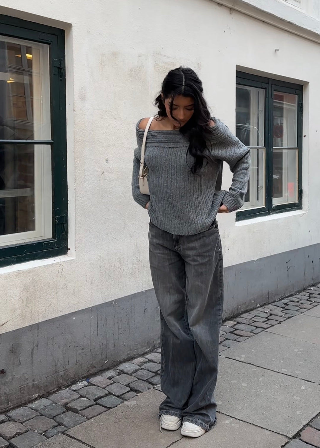 Ellie |  Women’s oversized knit sweater with off-shoulder design and ribbed texture