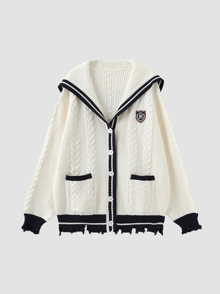 Mille | Women’s long knit cardigan with navy collar and button closure