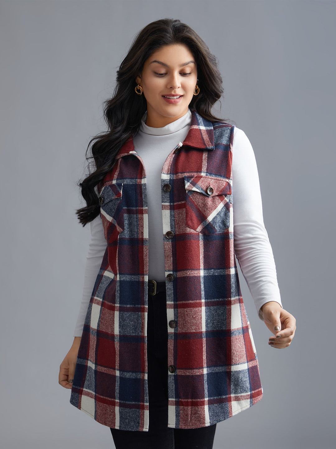 Kaitlyn | Women’s plaid flap detail sleeveless vest with button closure