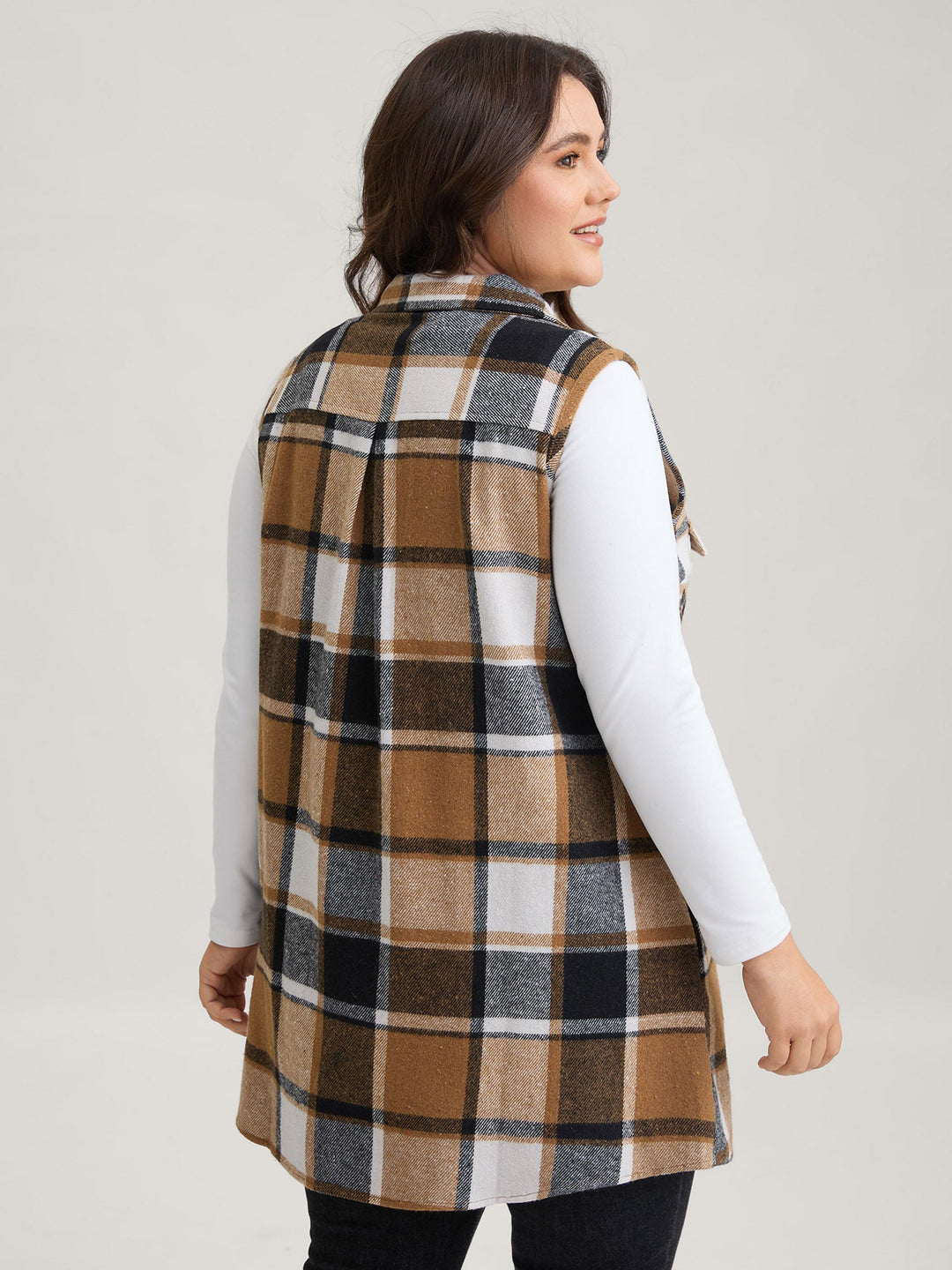 Kaitlyn | Women’s plaid flap detail sleeveless vest with button closure