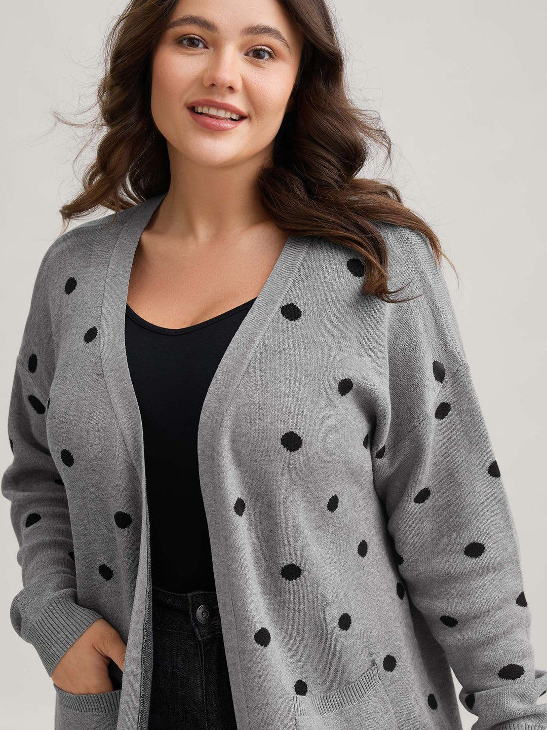 Reese | Women’s polka dot knit cardigan with patch pockets