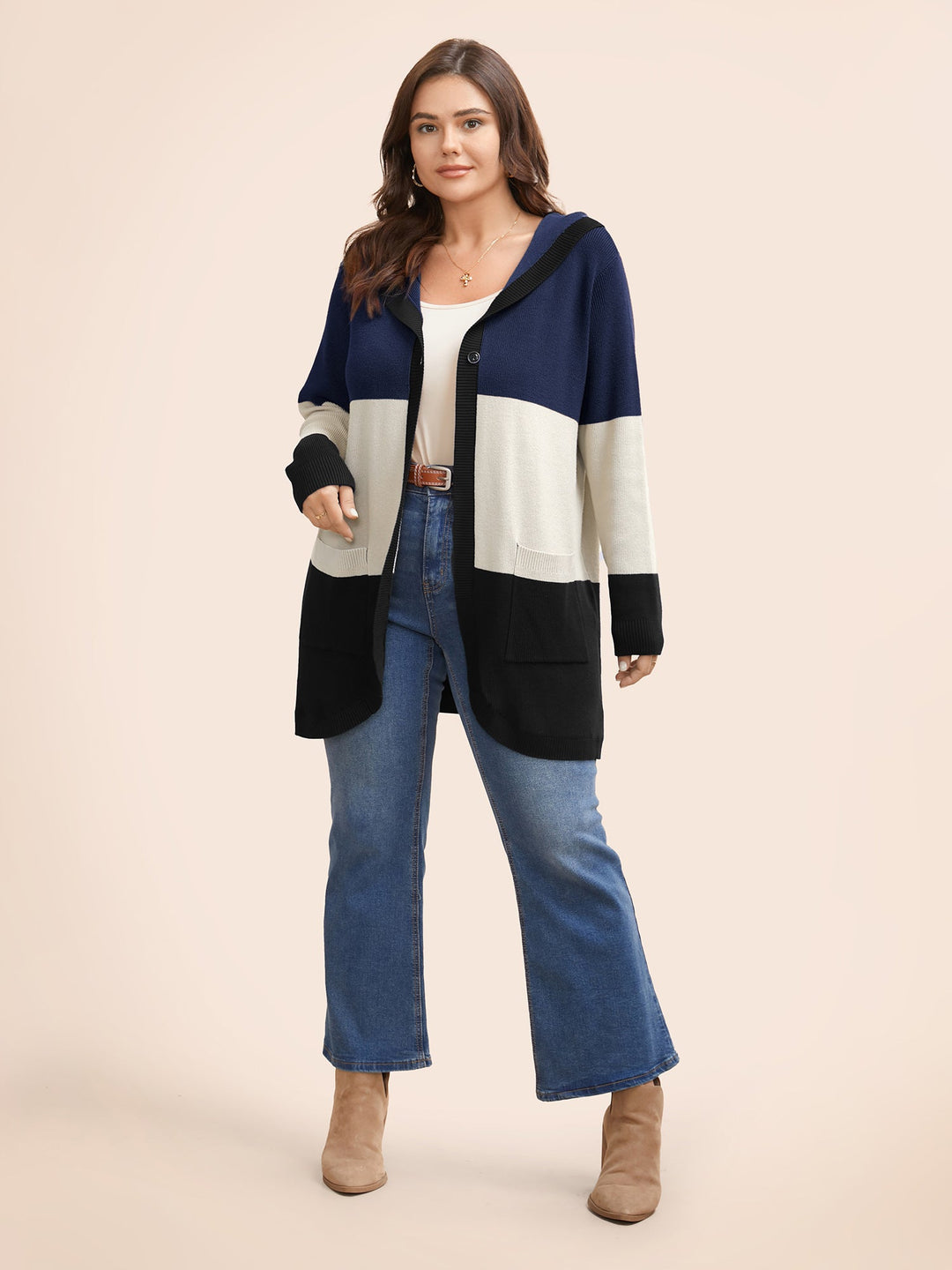 Gemma | Women’s color block hooded knit cardigan with patch pockets