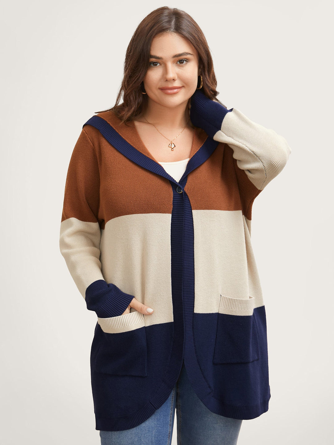 Gemma | Women’s color block hooded knit cardigan with patch pockets