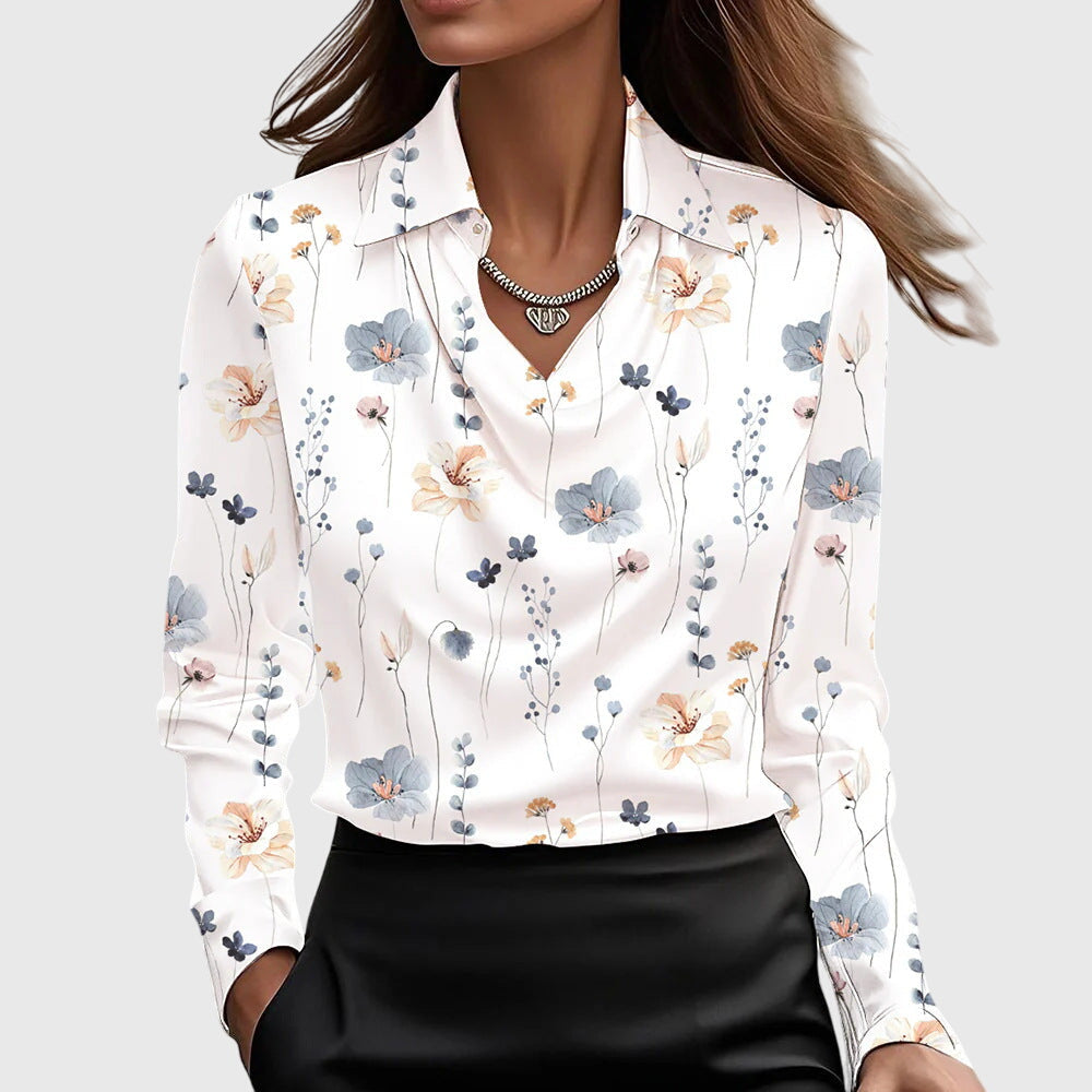 Sylvie | Blouse with pleated neckline and subtle sheen