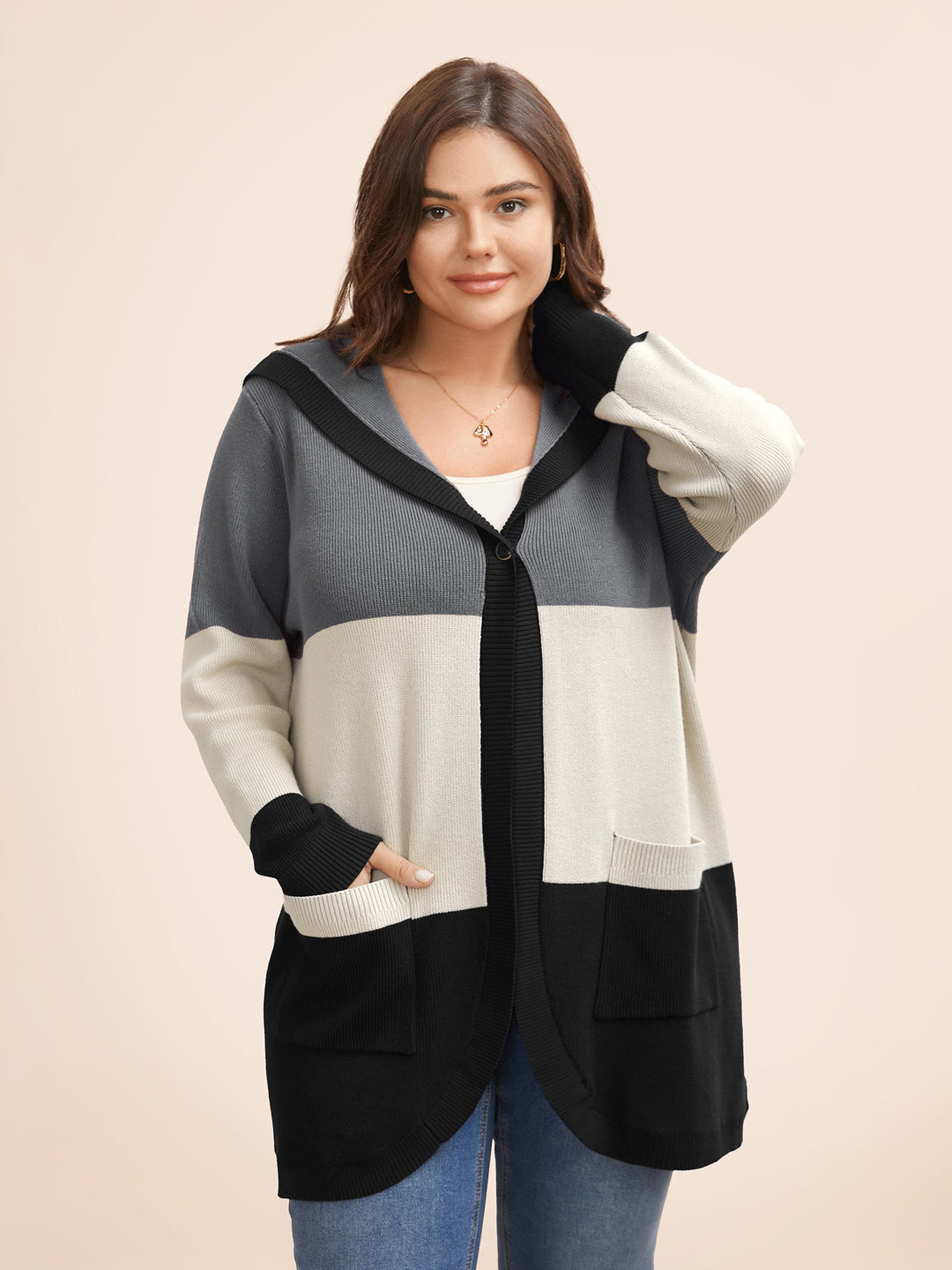 Gemma | Women’s color block hooded knit cardigan with patch pockets