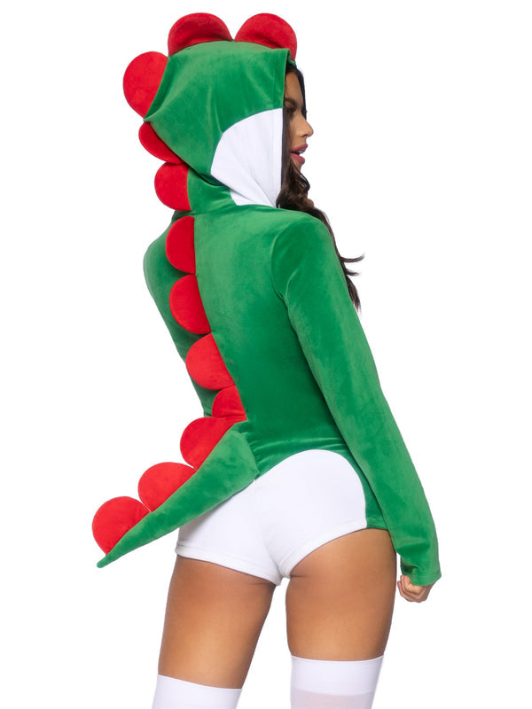 Clover | Women’s plush velvet Super Dino romper costume with hood