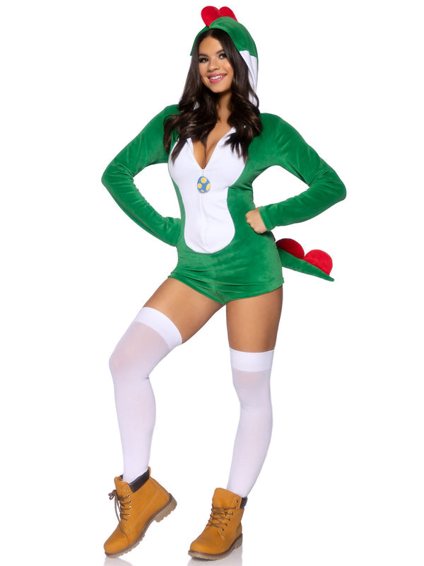 Clover | Women’s plush velvet Super Dino romper costume with hood