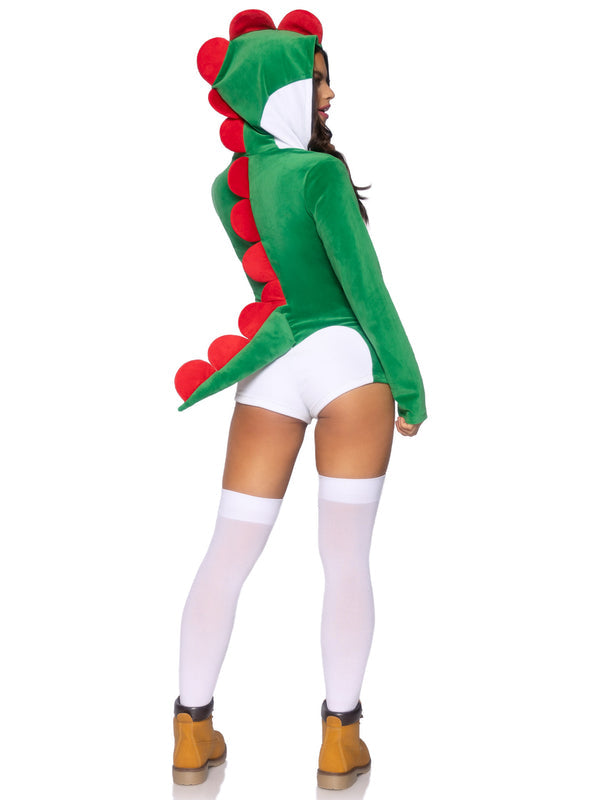 Clover | Women’s plush velvet Super Dino romper costume with hood