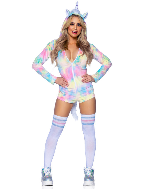 Kairi | Women’s plush velvet unicorn romper costume with hood