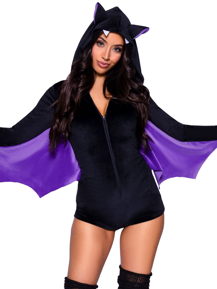 Dallas | Women’s plush velvet bat romper costume with wing sleeves