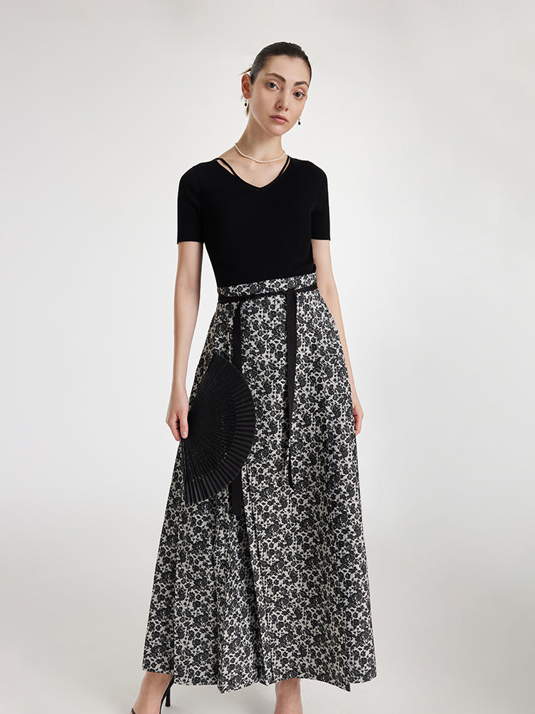 Gia | Women’s floral jacquard pleated A-line maxi skirt