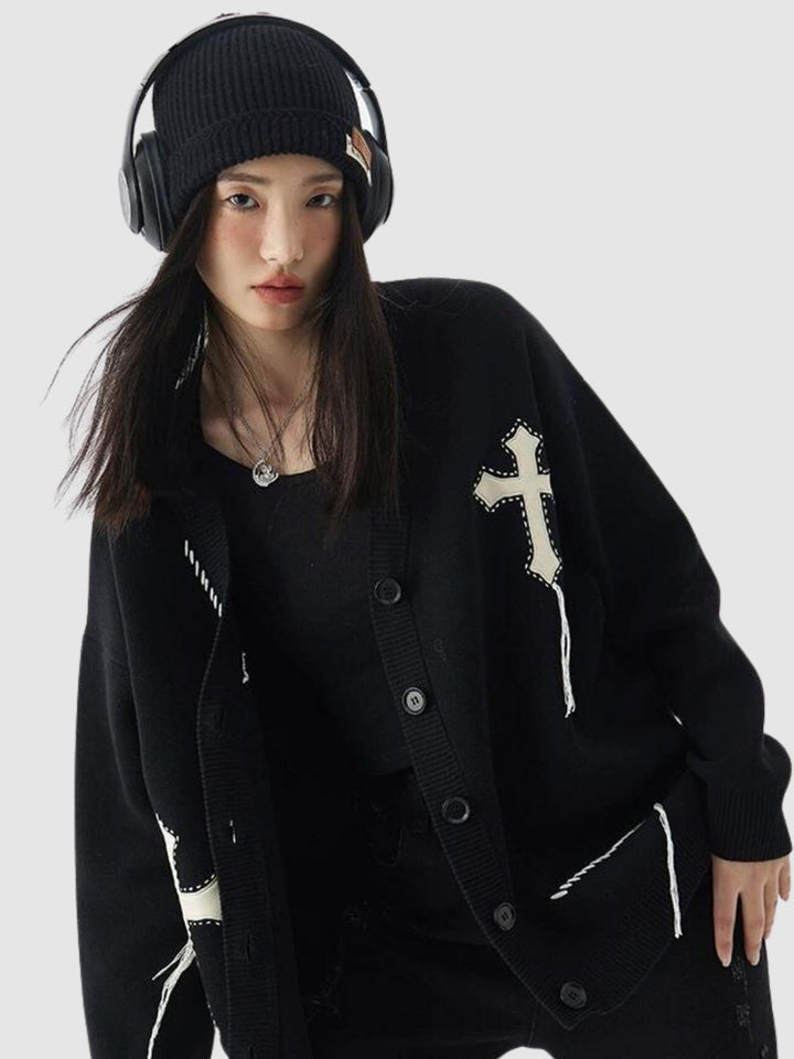 Aubree | Women’s jacquard knit cardigan with v-neck and button closure