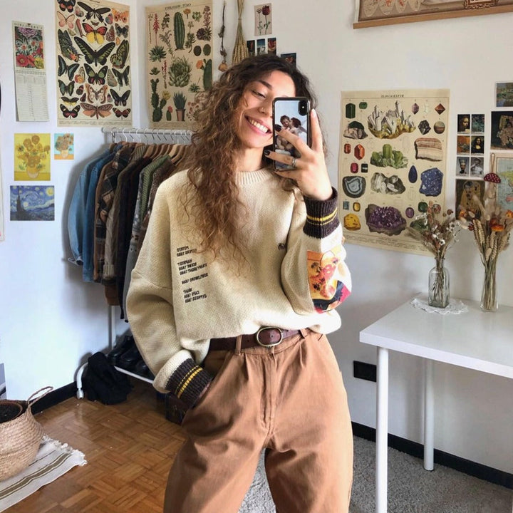 Raina | Women’s retro sweater with patchwork pattern and round neck