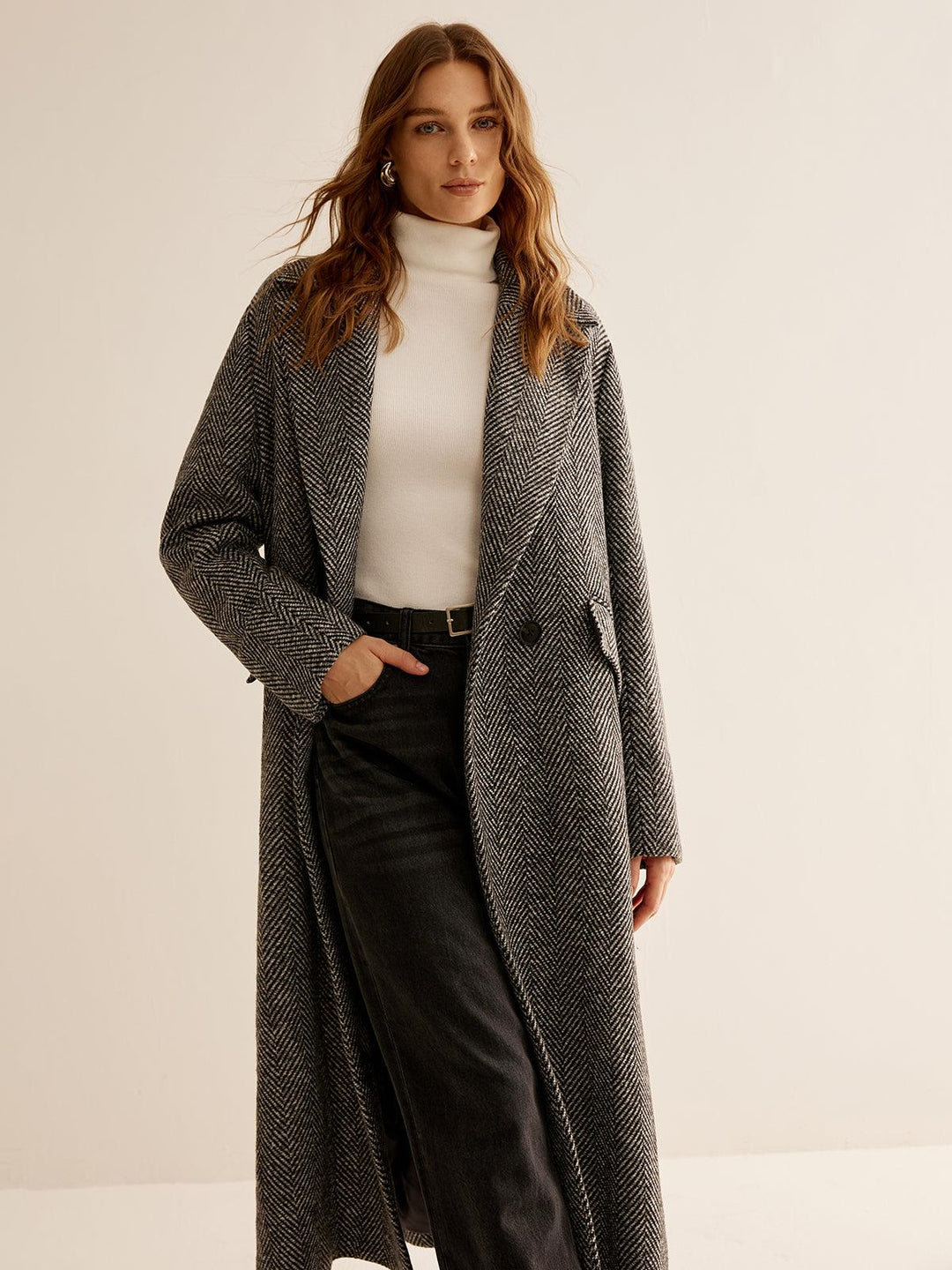 Ellies | Women’s long herringbone trench coat with lapel collar and side pockets