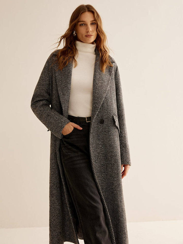 Ellies | Women’s long herringbone trench coat with lapel collar and side pockets