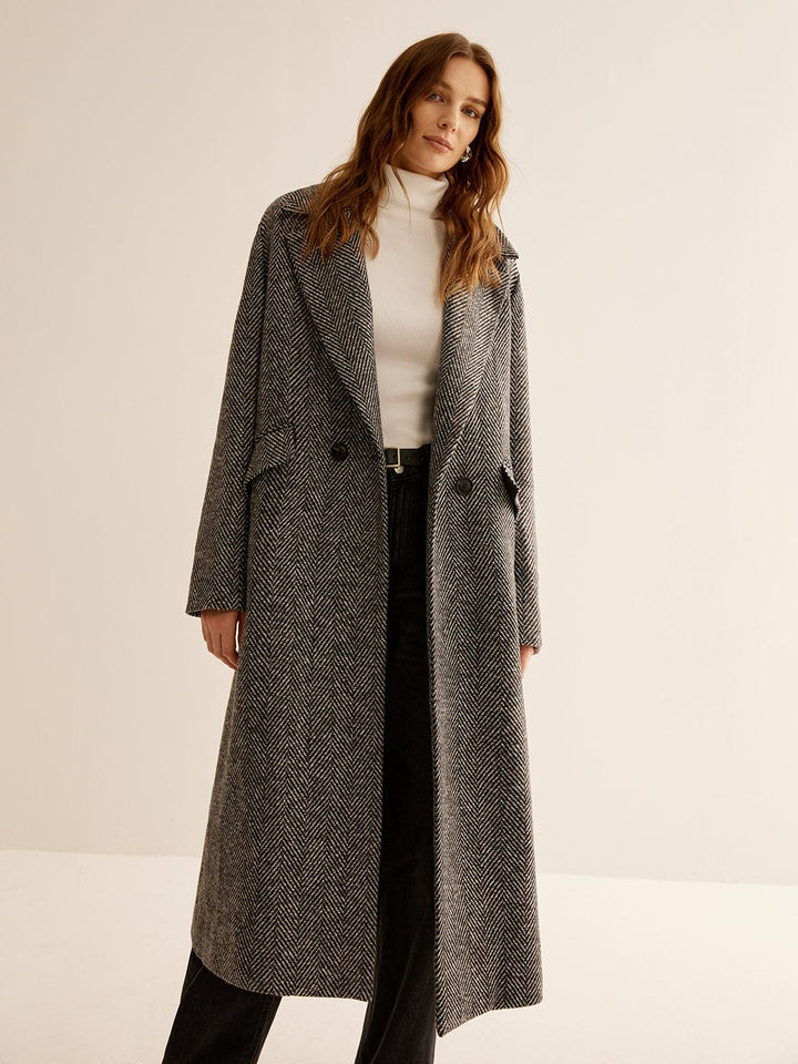 Ellies | Women’s long herringbone trench coat with lapel collar and side pockets