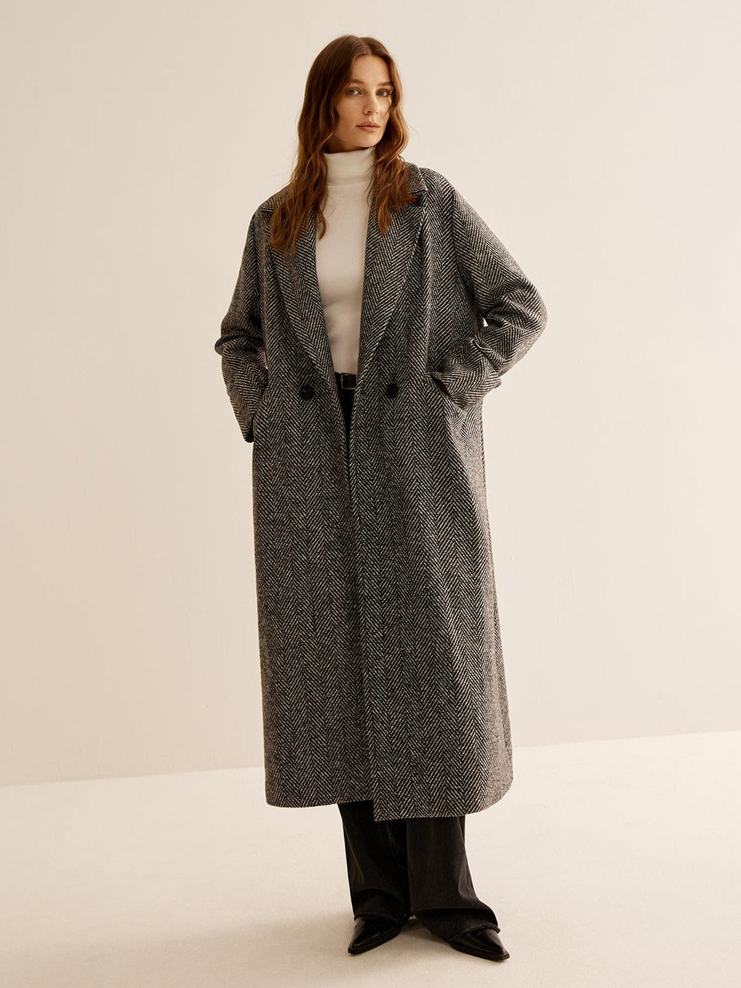 Ellies | Women’s long herringbone trench coat with lapel collar and side pockets