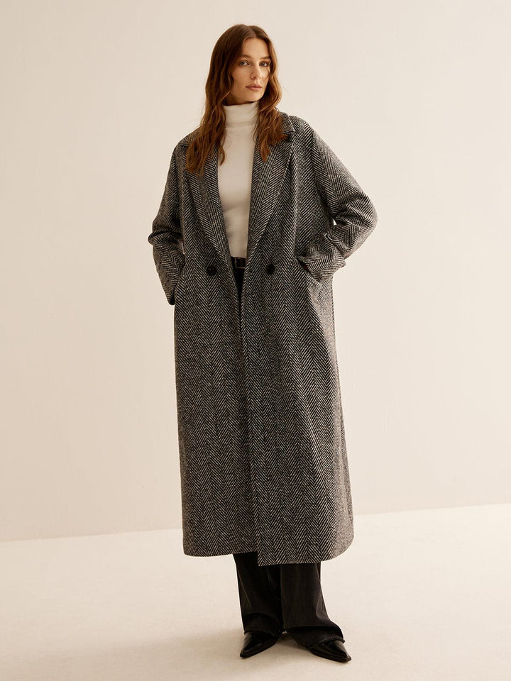 Ellies | Women’s long herringbone trench coat with lapel collar and side pockets