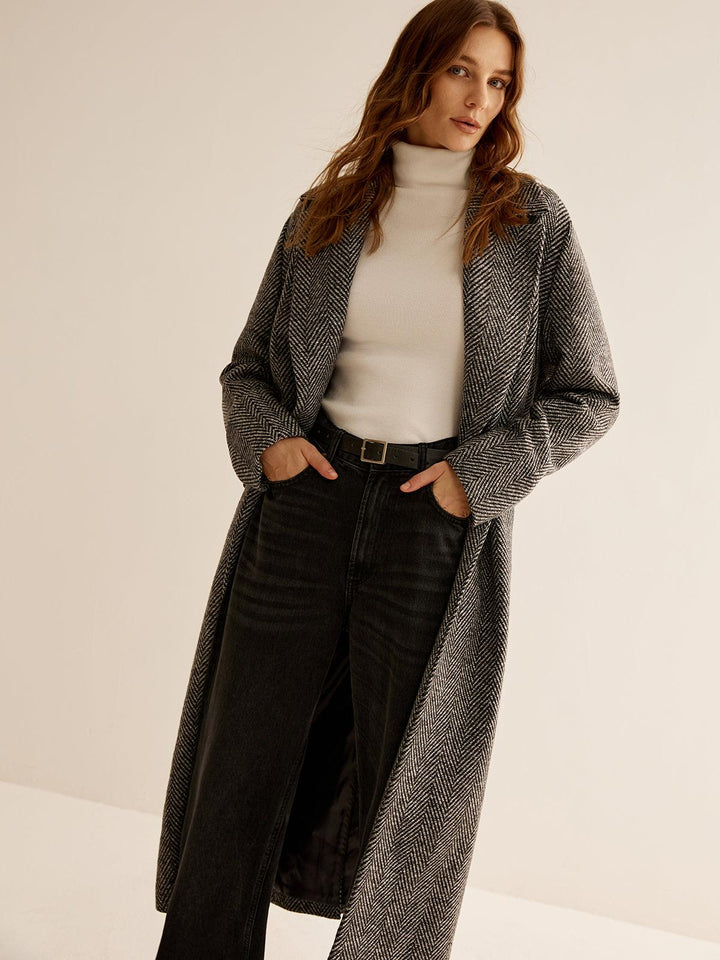 Ellies | Women’s long herringbone trench coat with lapel collar and side pockets