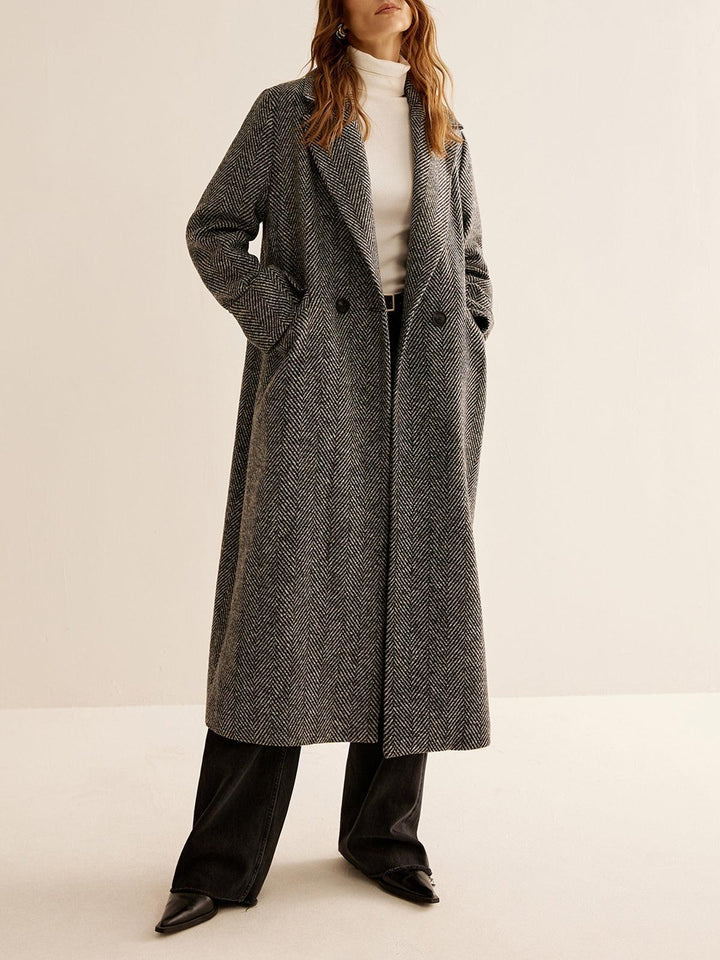 Ellies | Women’s long herringbone trench coat with lapel collar and side pockets