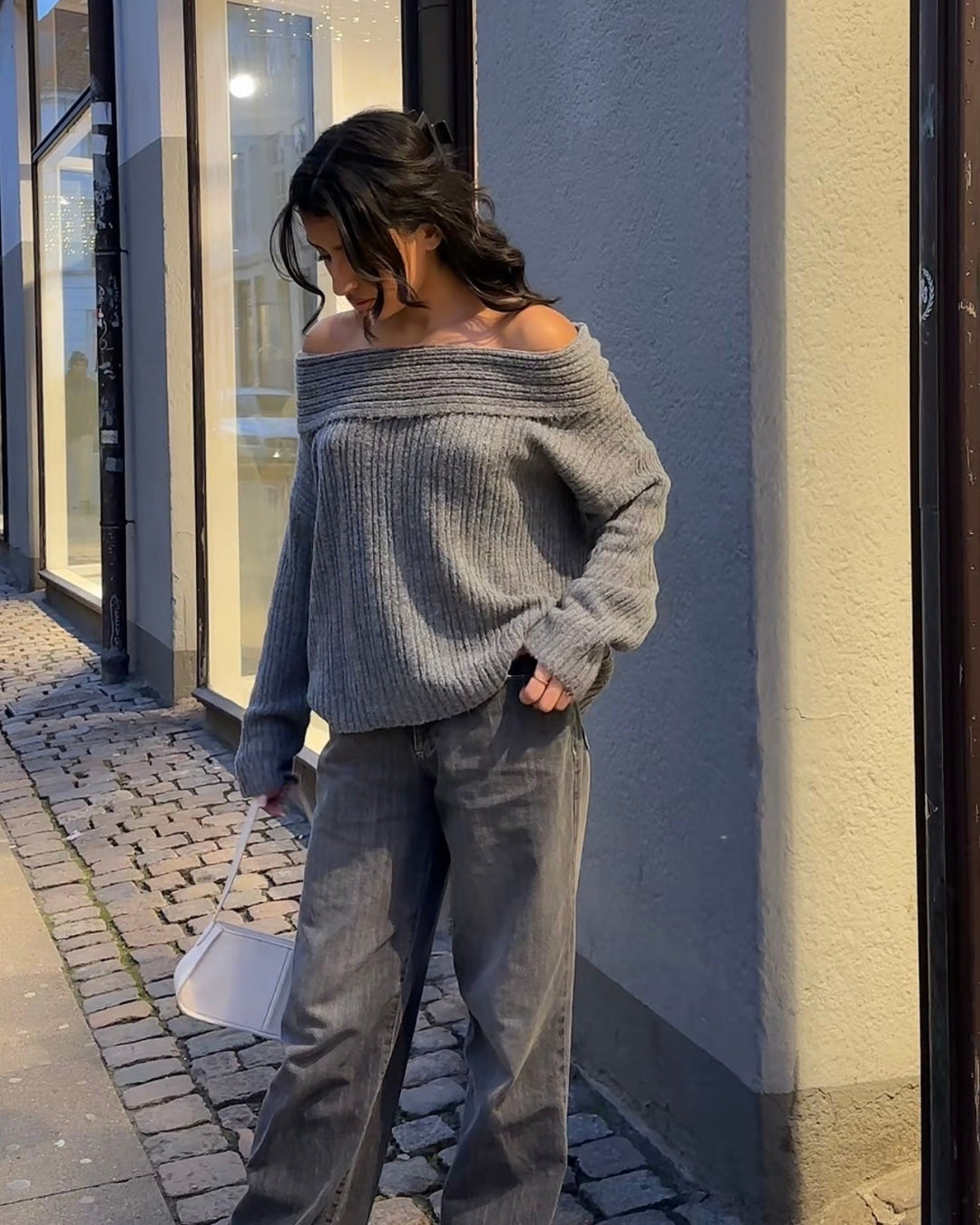 Ellie |  Women’s oversized knit sweater with off-shoulder design and ribbed texture