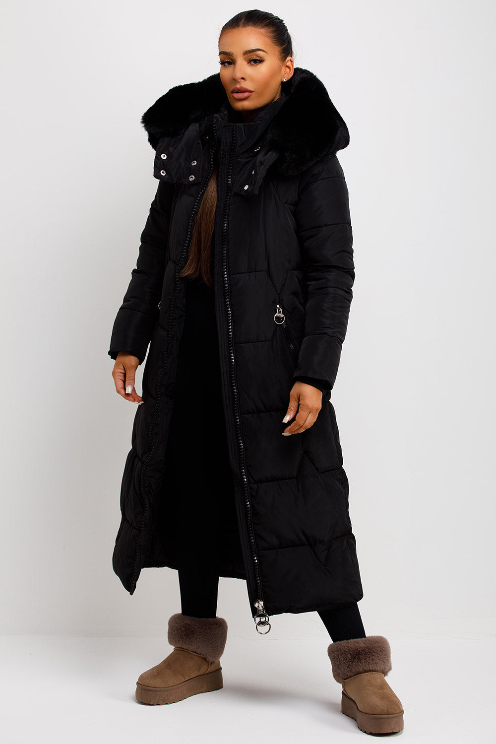 Adaline | Women’s long puffer padded coat with faux fur hood