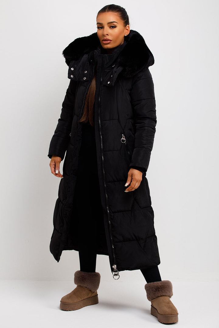 Adaline | Women’s long puffer padded coat with faux fur hood