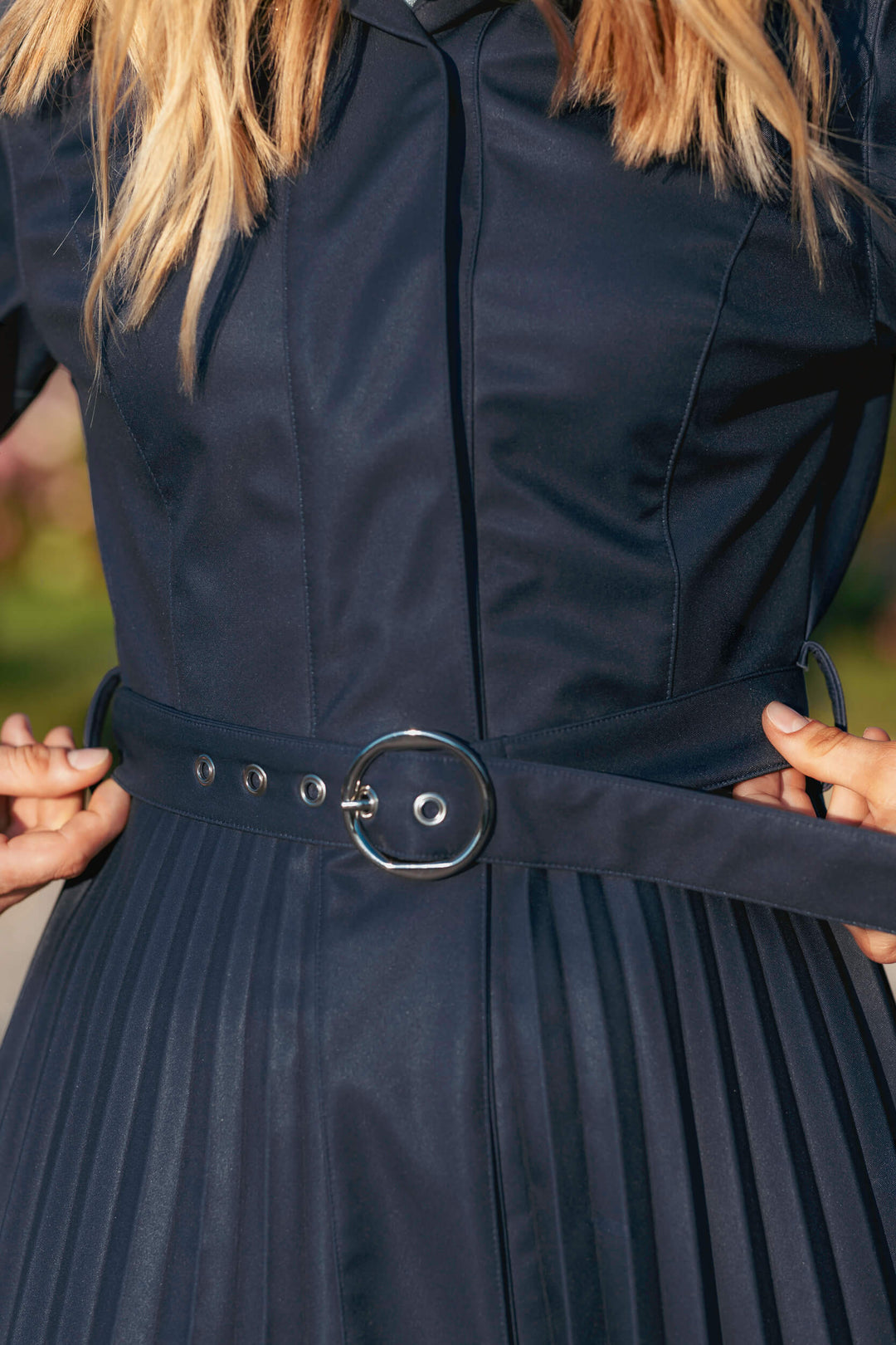 Avria | Women’s pleated A-line trench coat with detachable hood