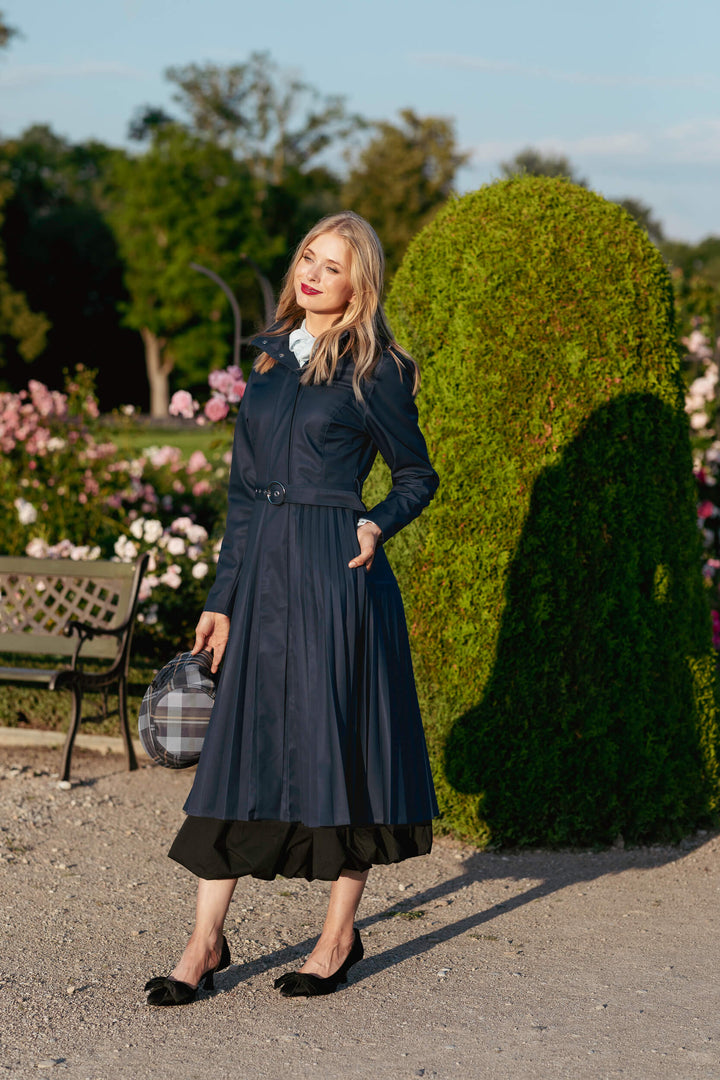 Avria | Women’s pleated A-line trench coat with detachable hood