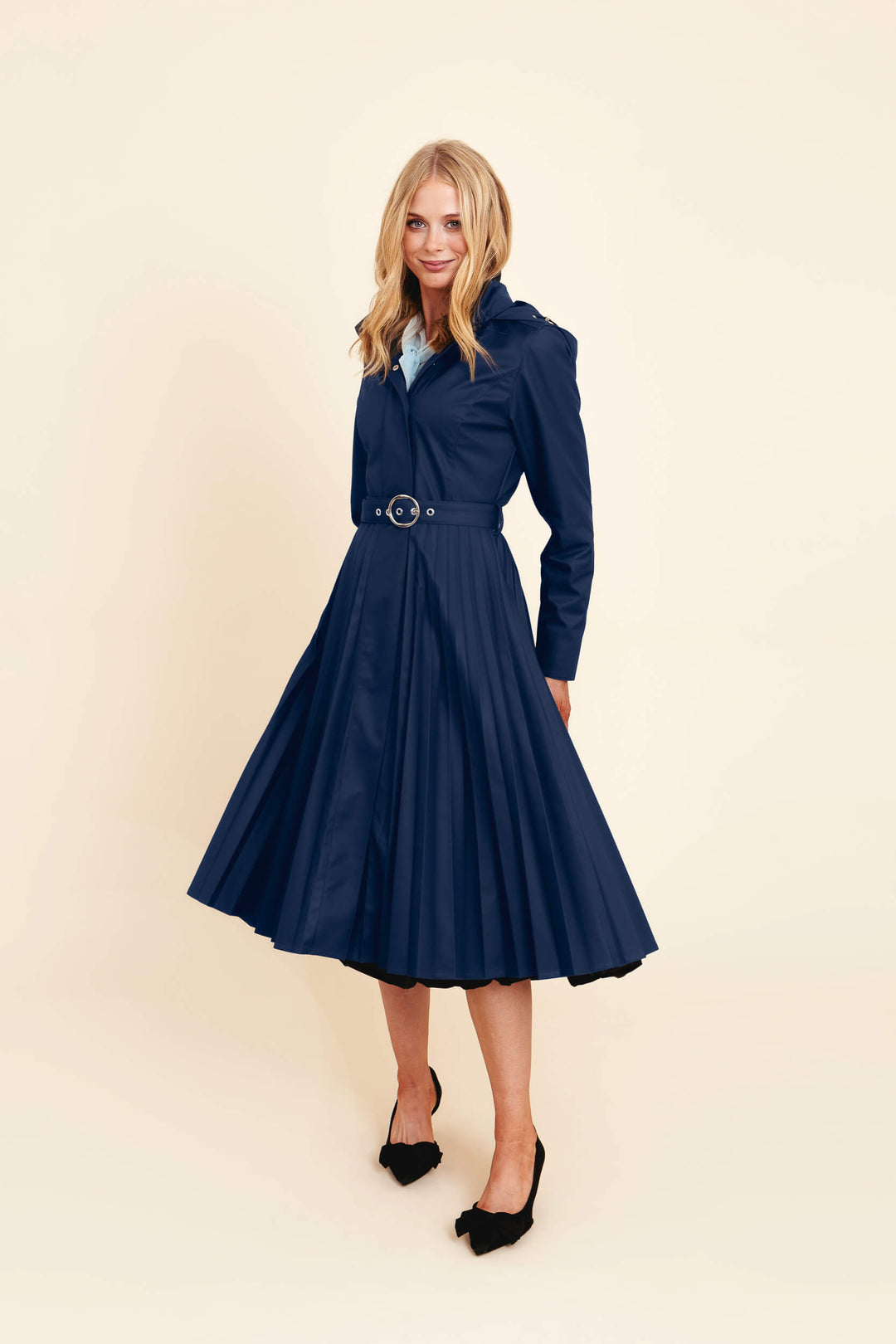 Avria | Women’s pleated A-line trench coat with detachable hood