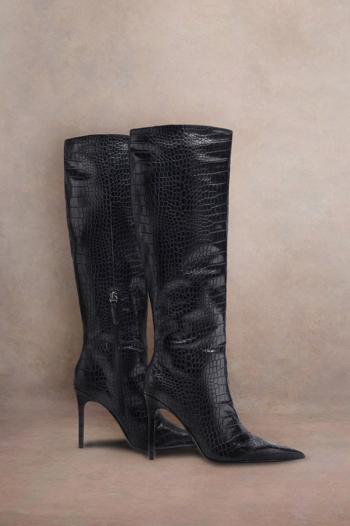 Lauren | Women’s croc-embossed patent knee-high pointed boots