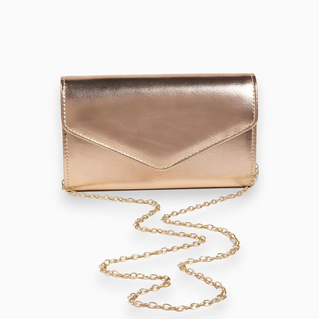 Lucy | Glossy gold envelope clutch & mini wallet chain set