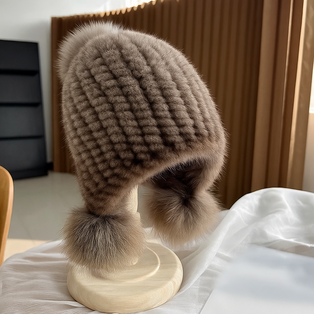 Robee | Women’s mink fur beanie with fox fur pompoms