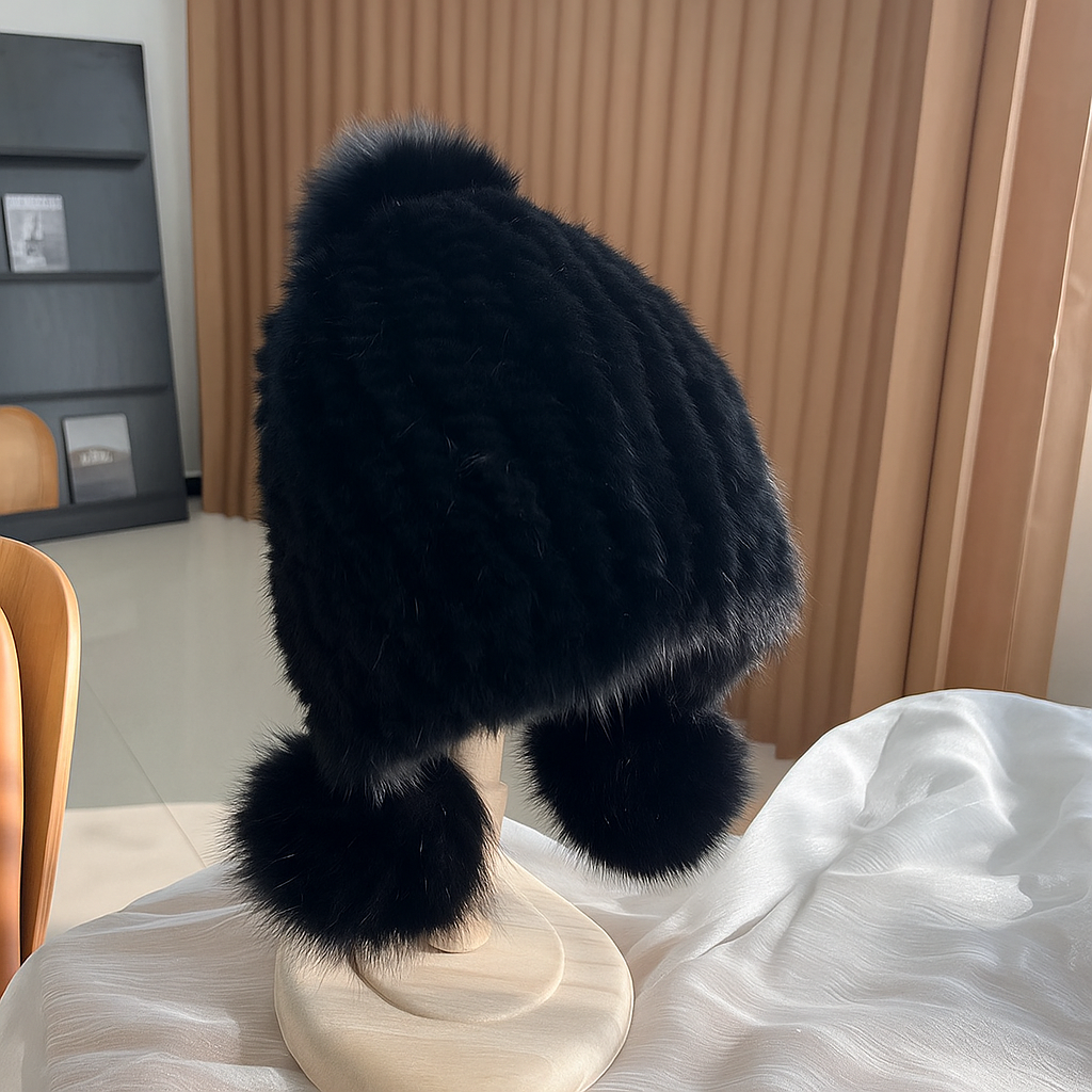 Robee | Women’s mink fur beanie with fox fur pompoms