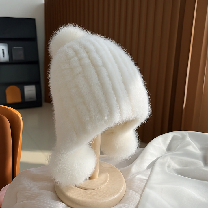Robee | Women’s mink fur beanie with fox fur pompoms