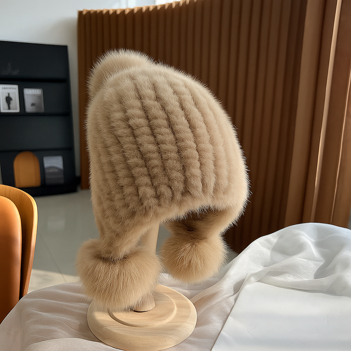 Robee | Women’s mink fur beanie with fox fur pompoms