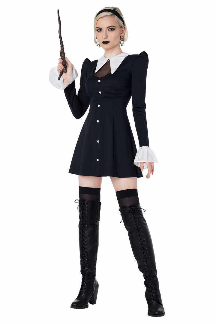 Rebecca | Women’s gothic mini dress with lace collar and sleeves