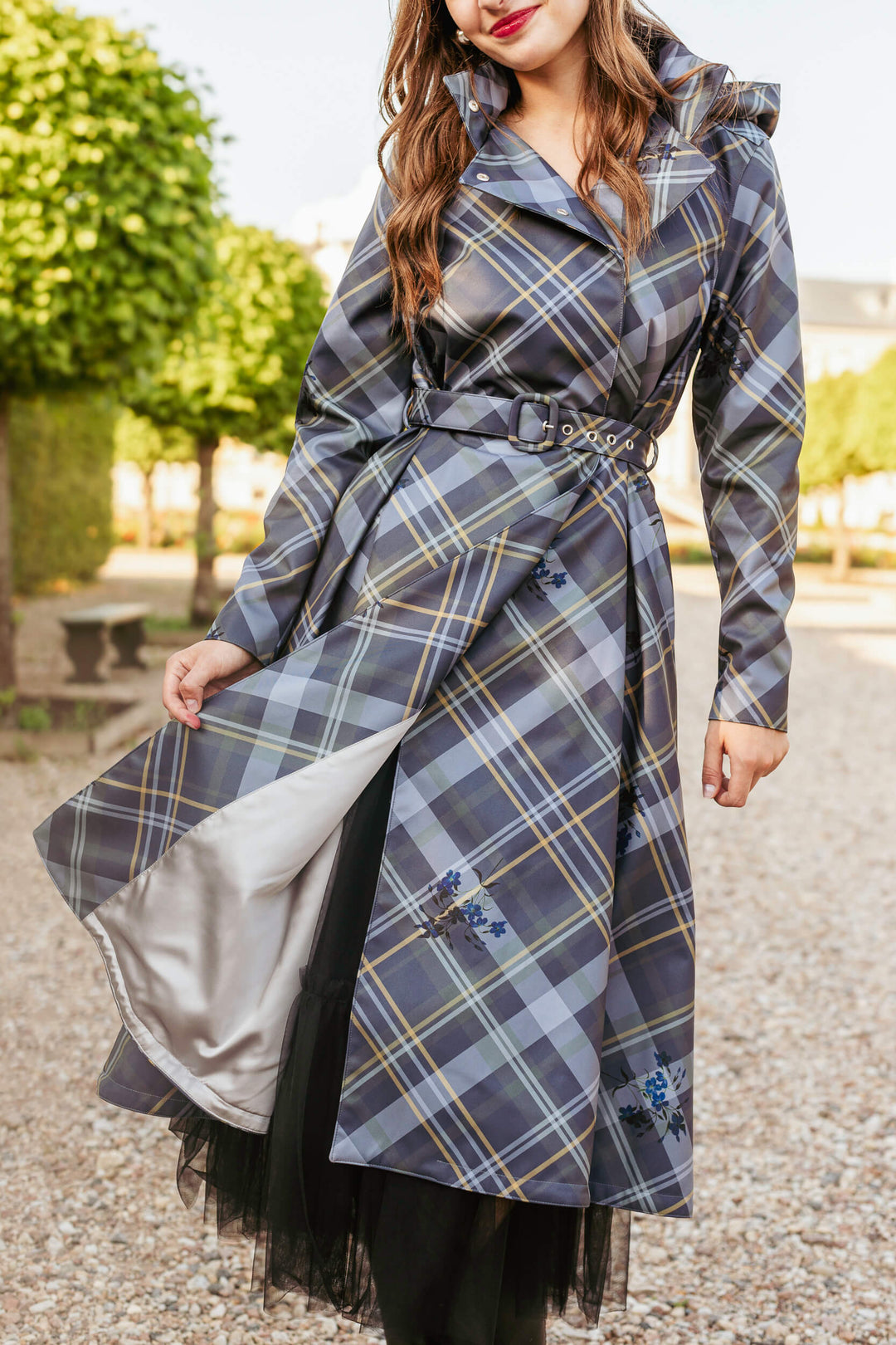 Hazel | Women’s plaid double-breasted trench coat with detachable hood