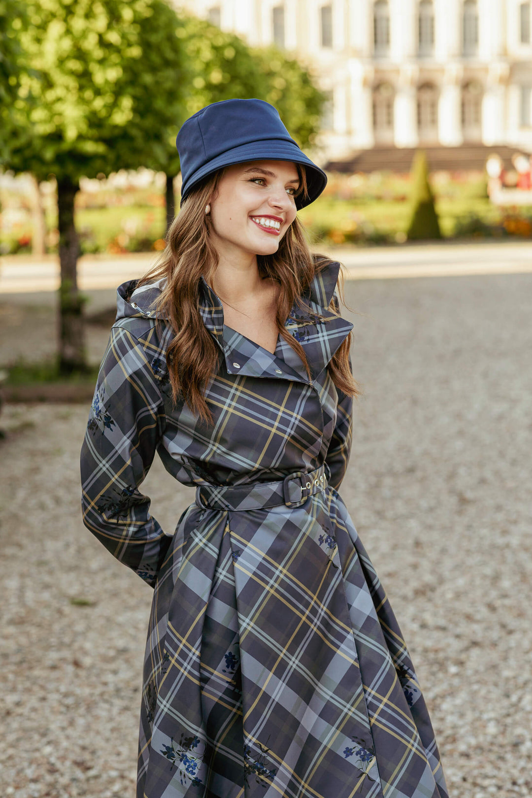 Hazel | Women’s plaid double-breasted trench coat with detachable hood
