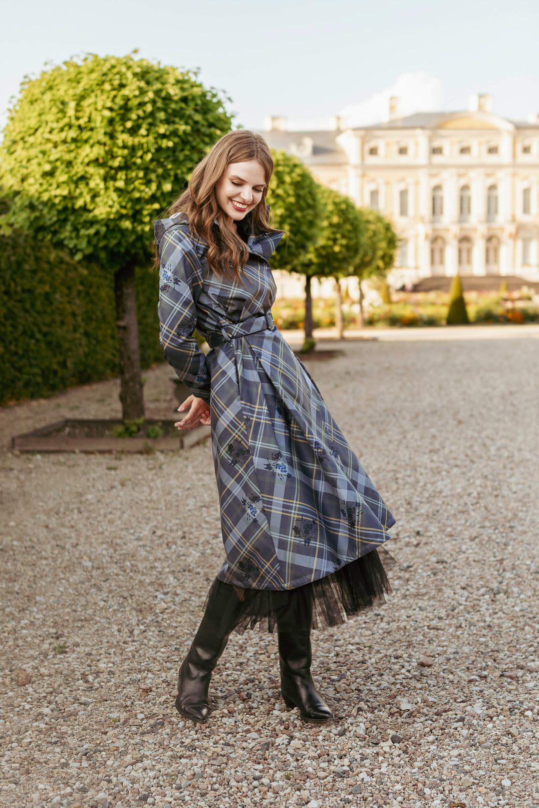 Hazel | Women’s plaid double-breasted trench coat with detachable hood